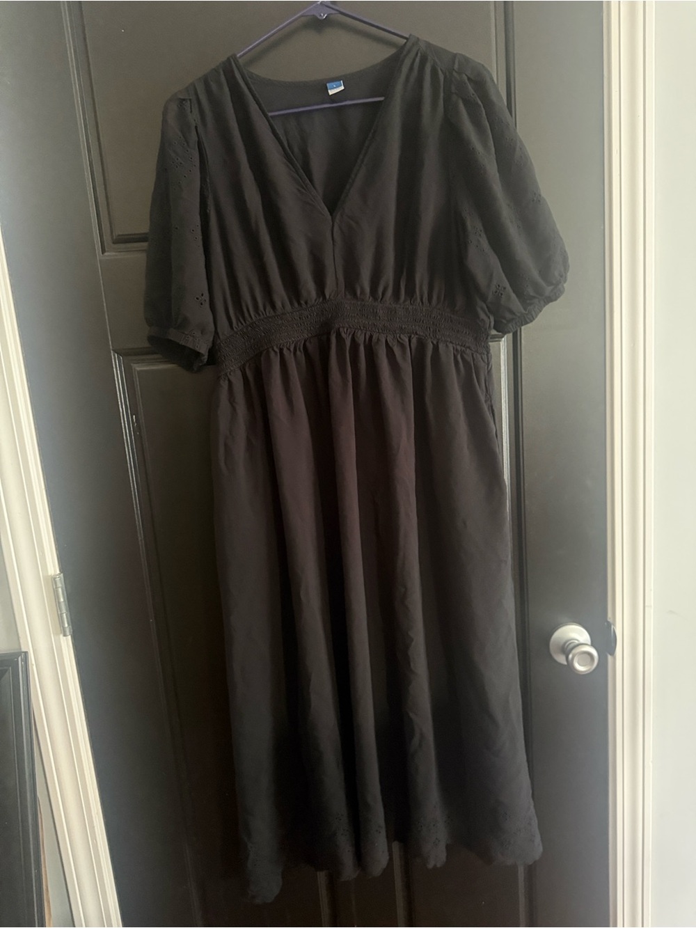 Old Navy Black eyelet patterned V-Neck Puff Sleeve Midi Dress